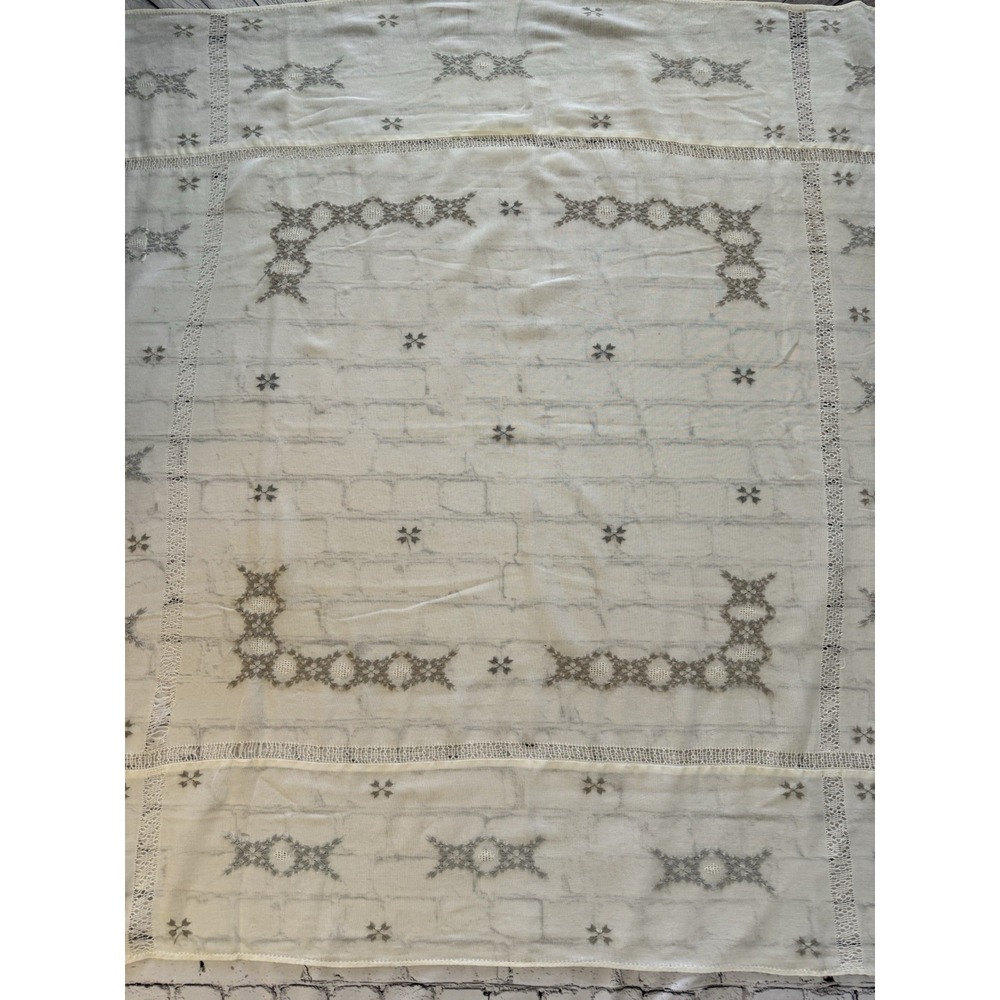 Vintage Linen tablecloth Hand Embroidered Ivory Gray Abstract Venice Italy 54X54